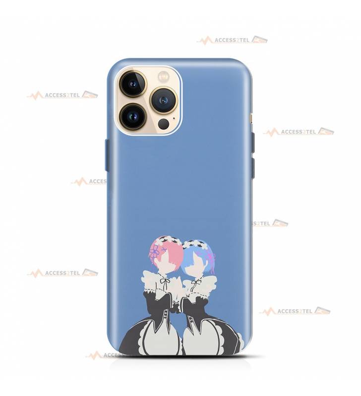 coque de téléphone bleue avec les silhouettes de Rem et Ram dans l'anime Re:Zero