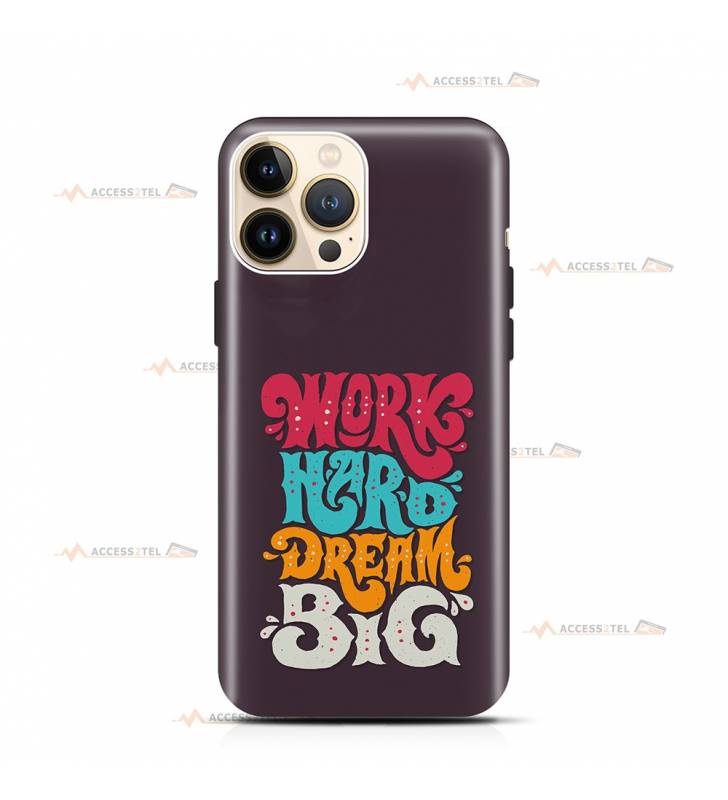 coque de téléphone aubergine avec le texte "work hard