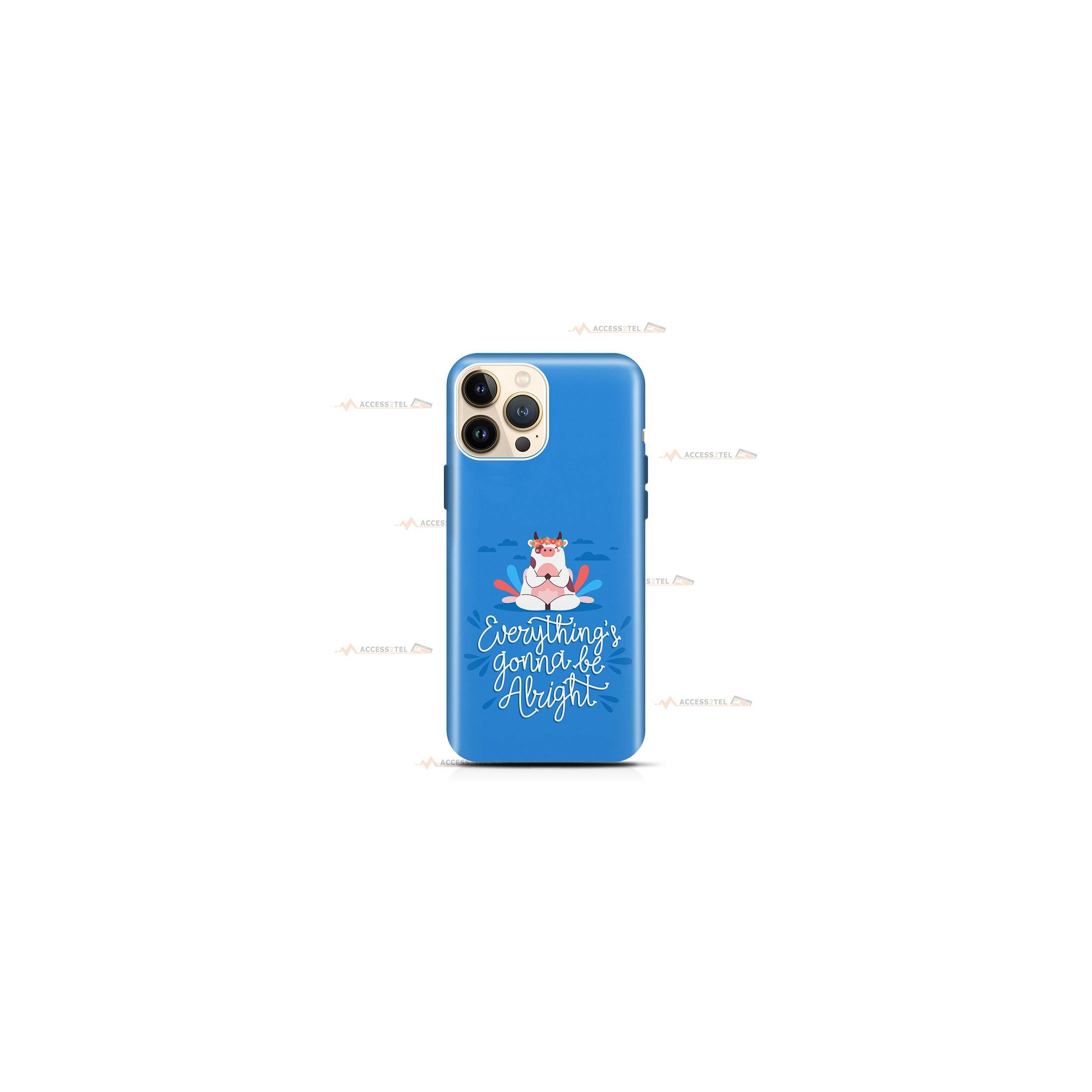 coque de téléphone bleue avec le texte "Everything's gonna be alright" et une vache qui médite