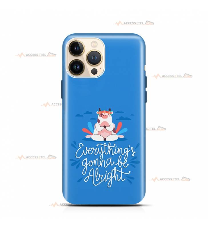 coque de téléphone bleue avec le texte "Everything's gonna be alright" et une vache qui médite