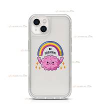 coque de téléphone transparente avec l'illustration d'un cerveau qui produit un arc-en-ciel et le texte "Be creative!"