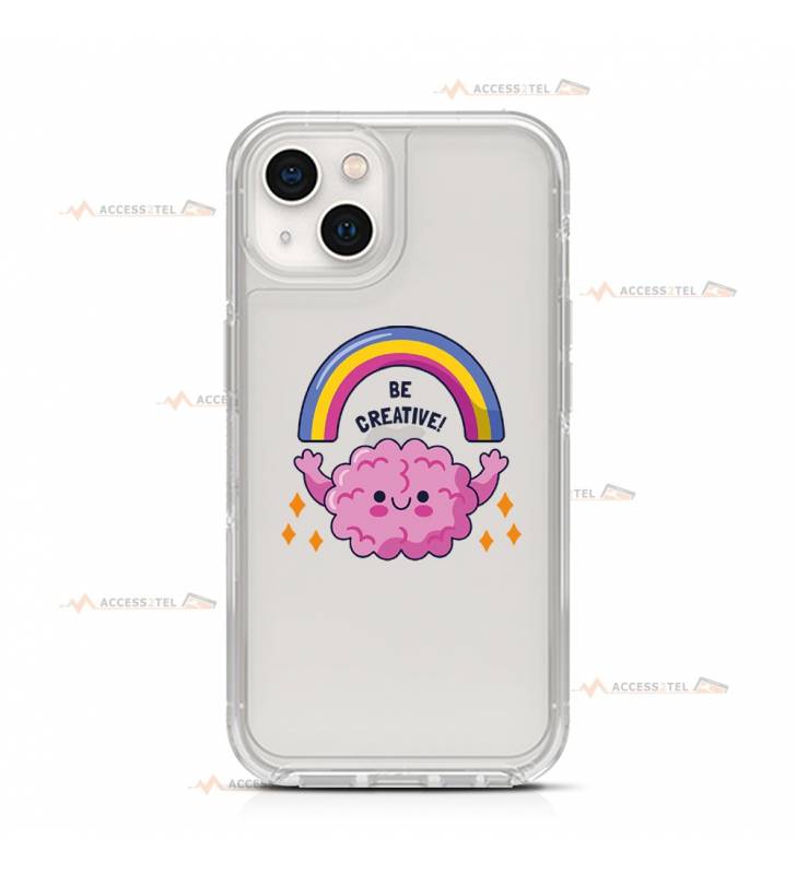 coque de téléphone transparente avec l'illustration d'un cerveau qui produit un arc-en-ciel et le texte "Be creative!"