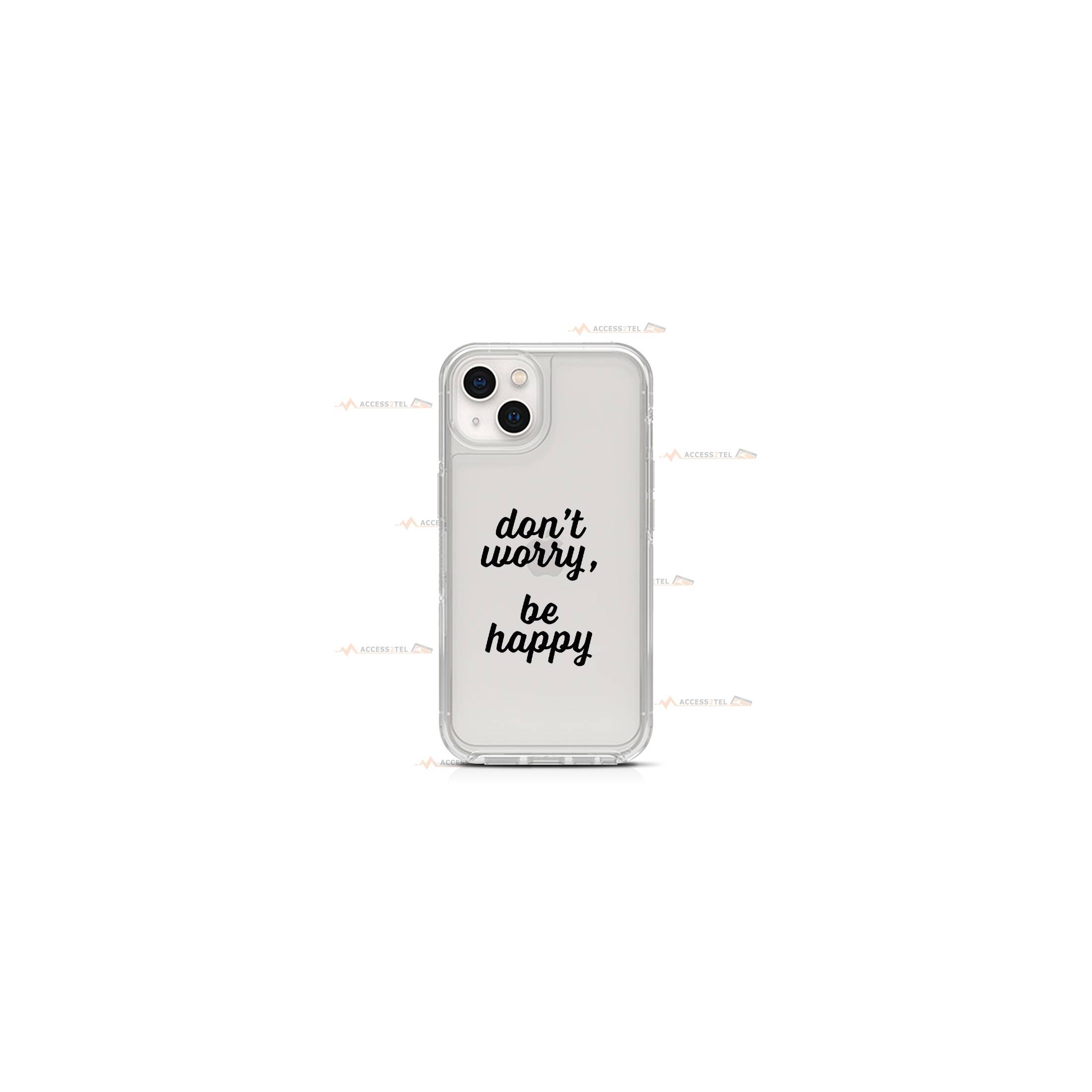 coque de téléphone transparente avec le texte "don't worry