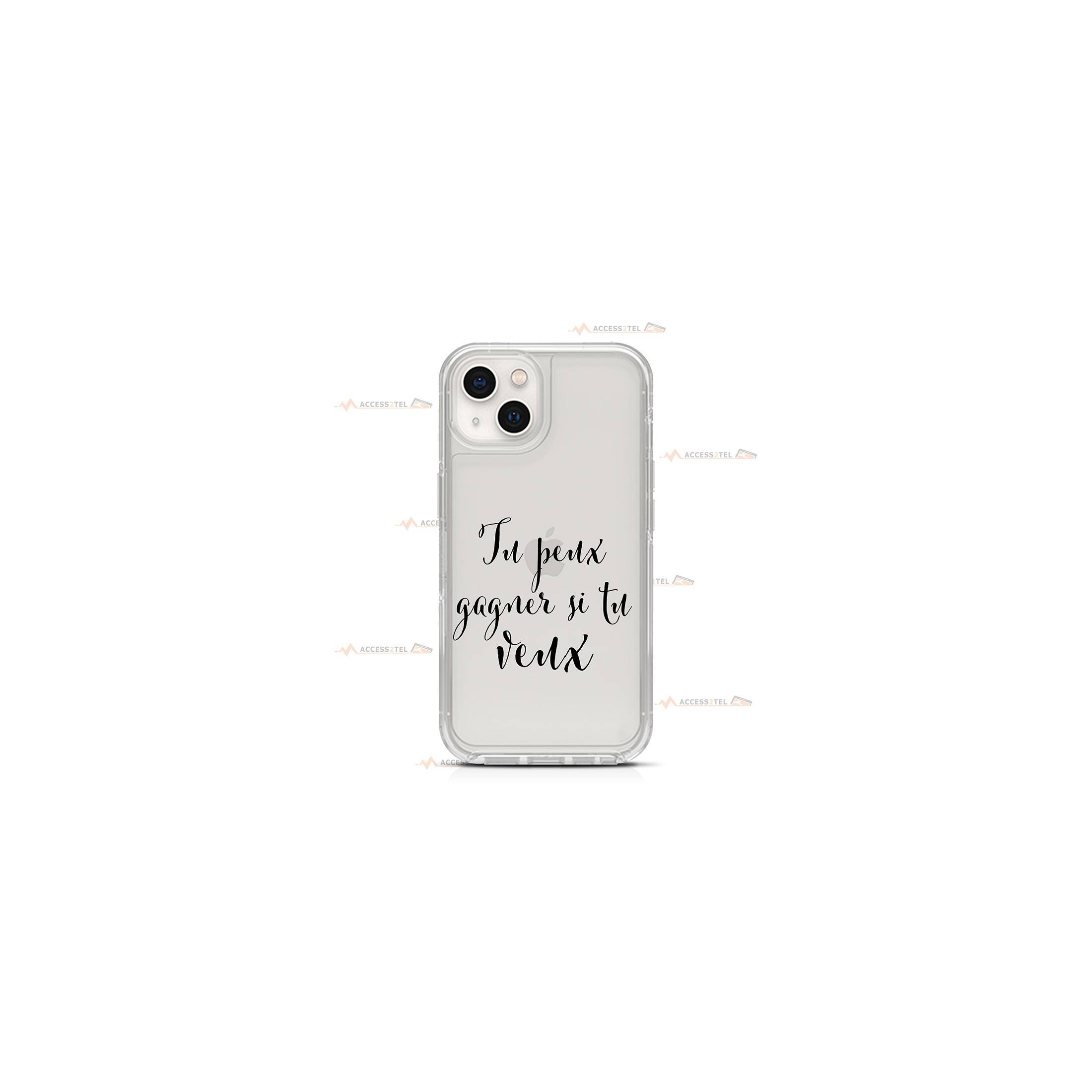 coque de téléphone transparente avec le texte "Tu peux gagner si tu veux"