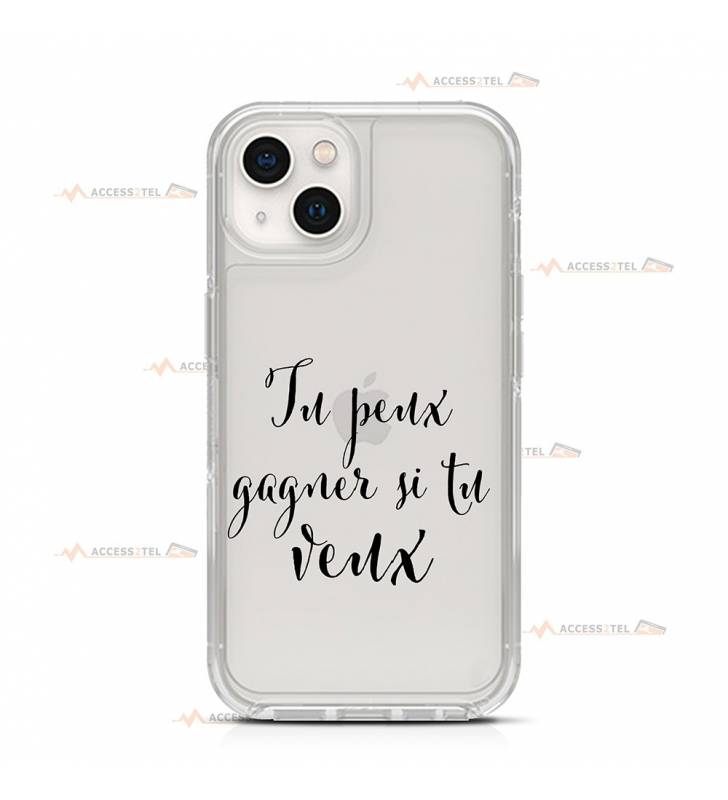 coque de téléphone transparente avec le texte "Tu peux gagner si tu veux"