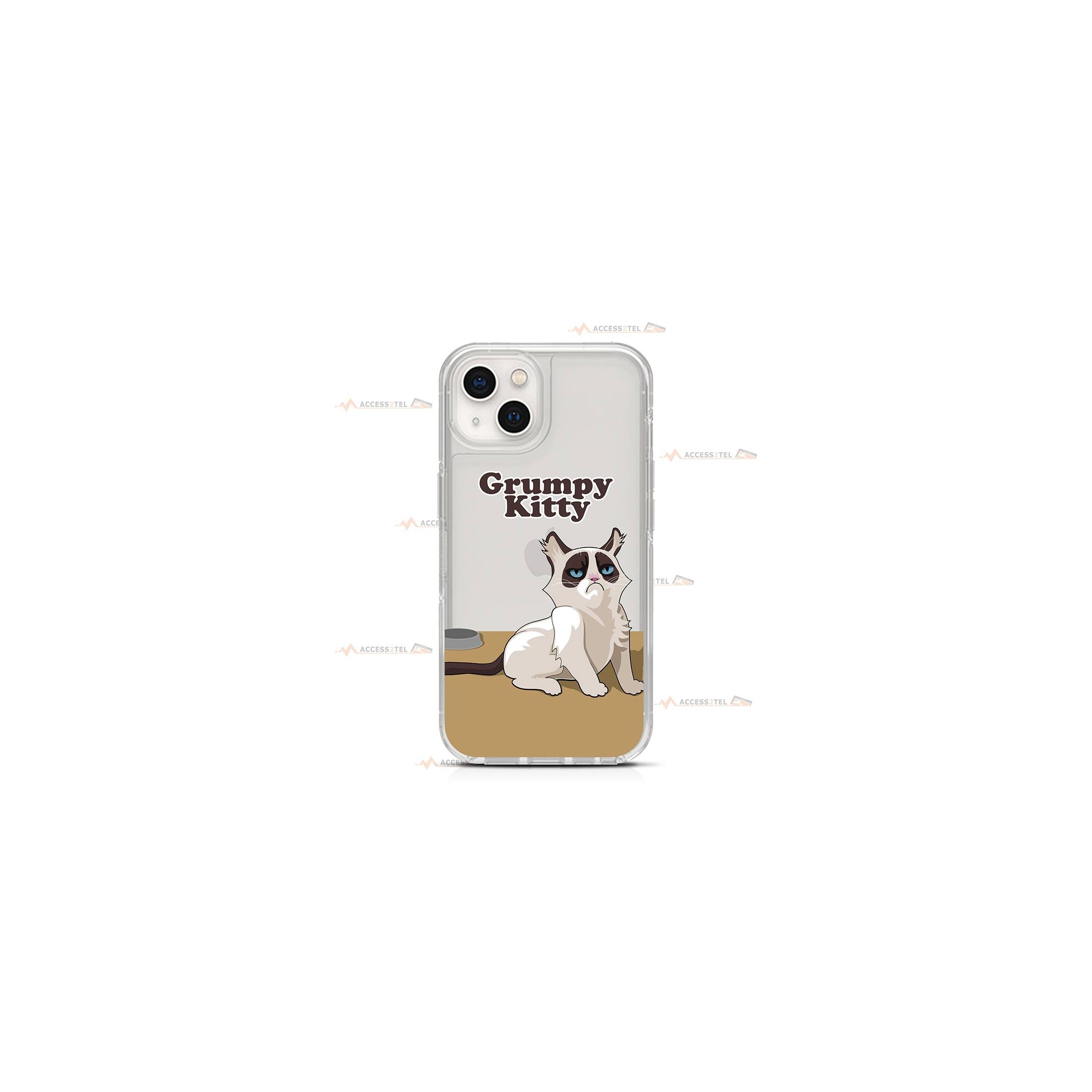 coque de téléphone transparente avec un chat grognon et le texte "Grumpy Kitty"