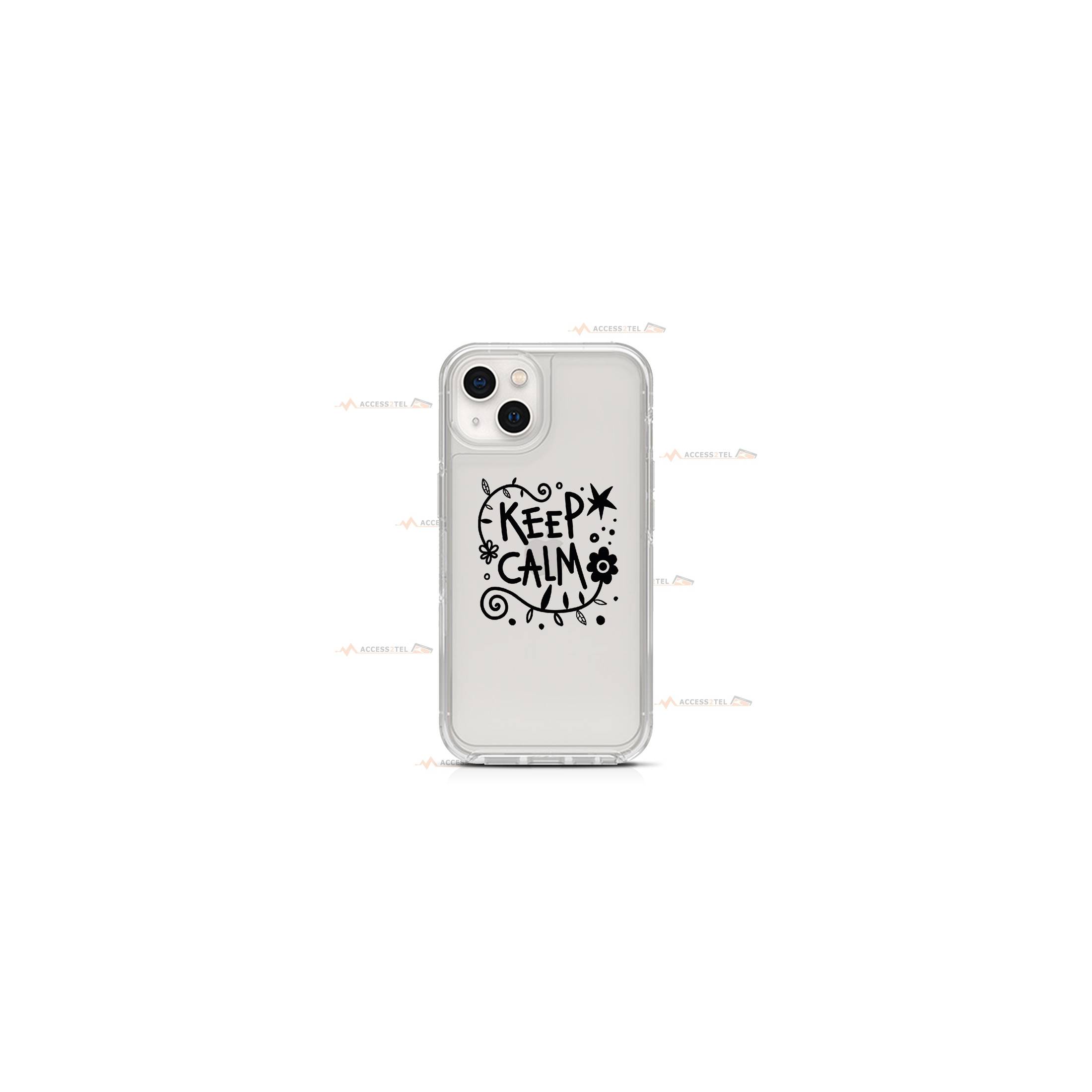 coque de téléphone transparente avec le texte "Keep Calm"