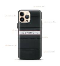 coque de téléphone noire avec le texte "Be optimistic"