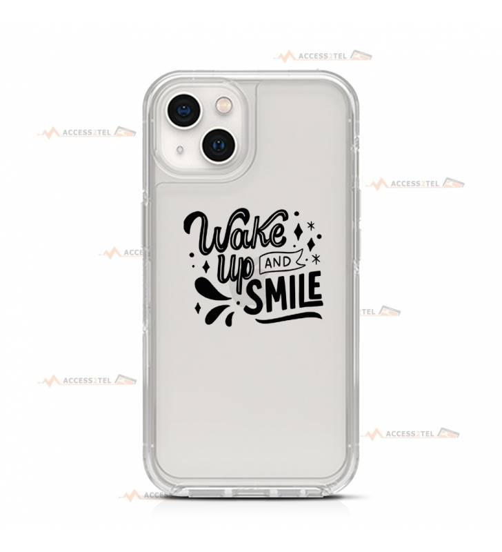 coque de téléphone transparente avec le texte "Wake up and smile"