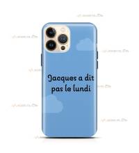 coque de téléphone bleue avec des nuages et le texte "Jacques a dit pas le lundi"