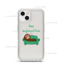 coque de téléphone transparente avec un paresseux dans un canapé et le texte "Pas aujourd"hui"