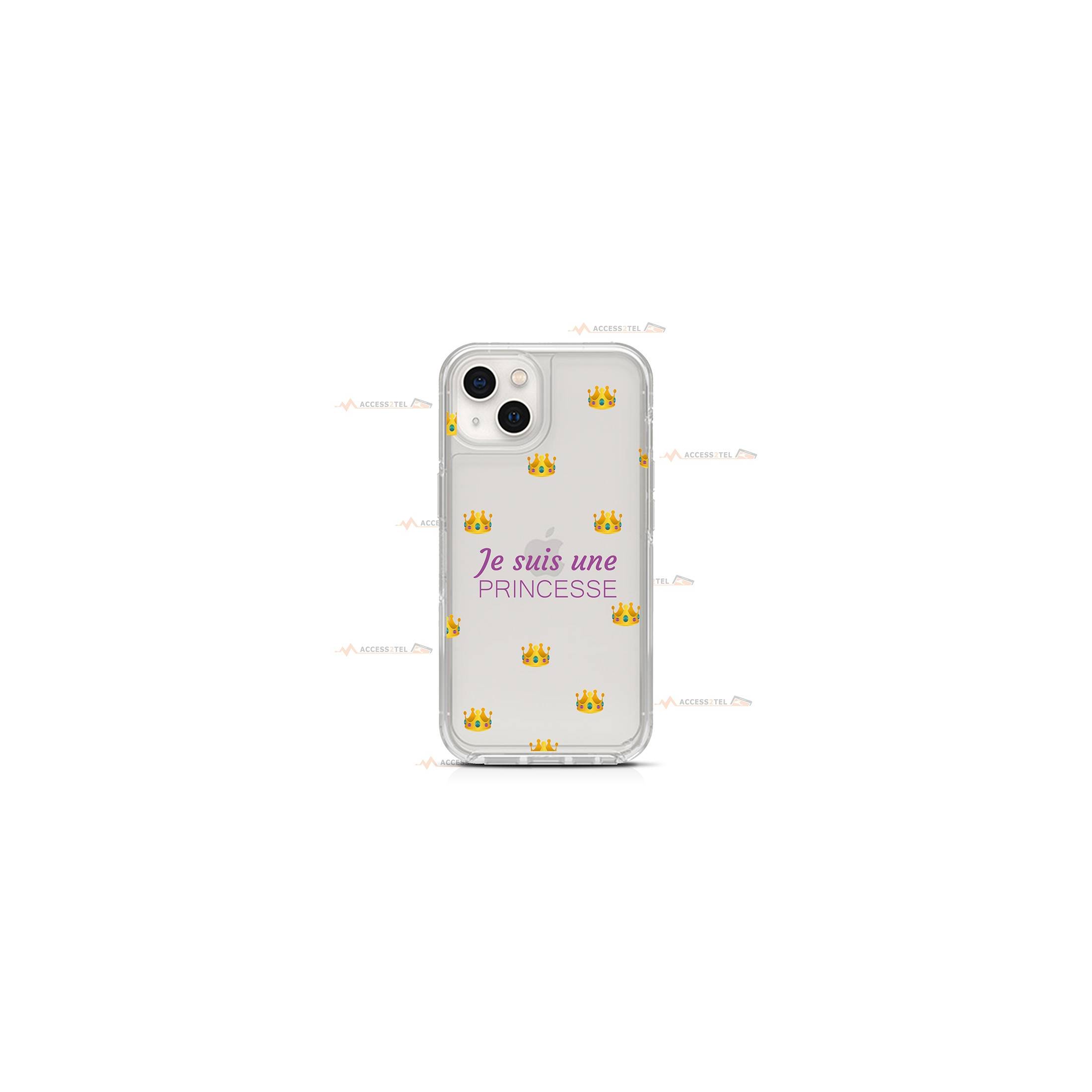 coque de téléphone transparente avec des emojis couronnes et le texte "je suis une princesse"