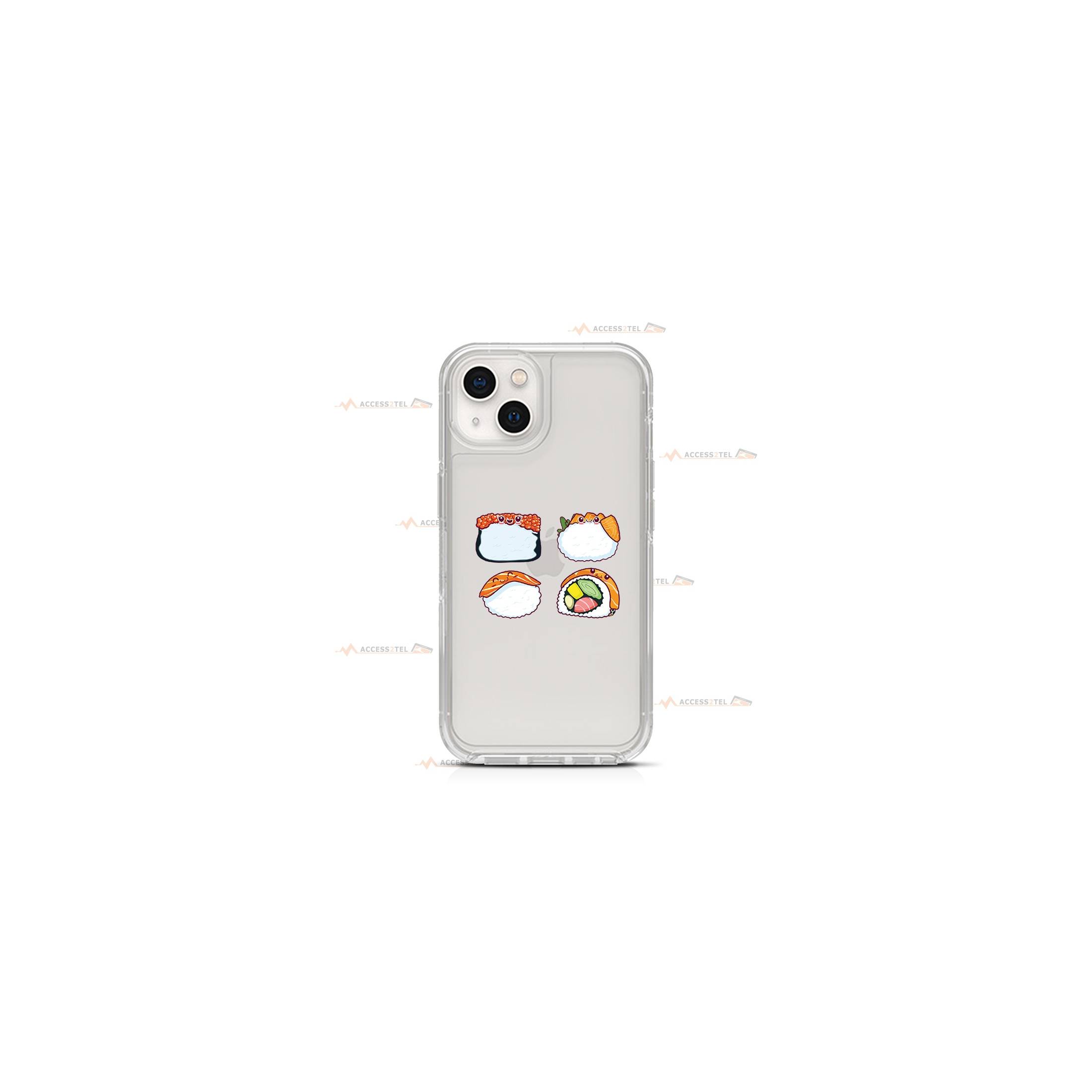 coque de téléphone transparente avec des illustrations de suhis et makis