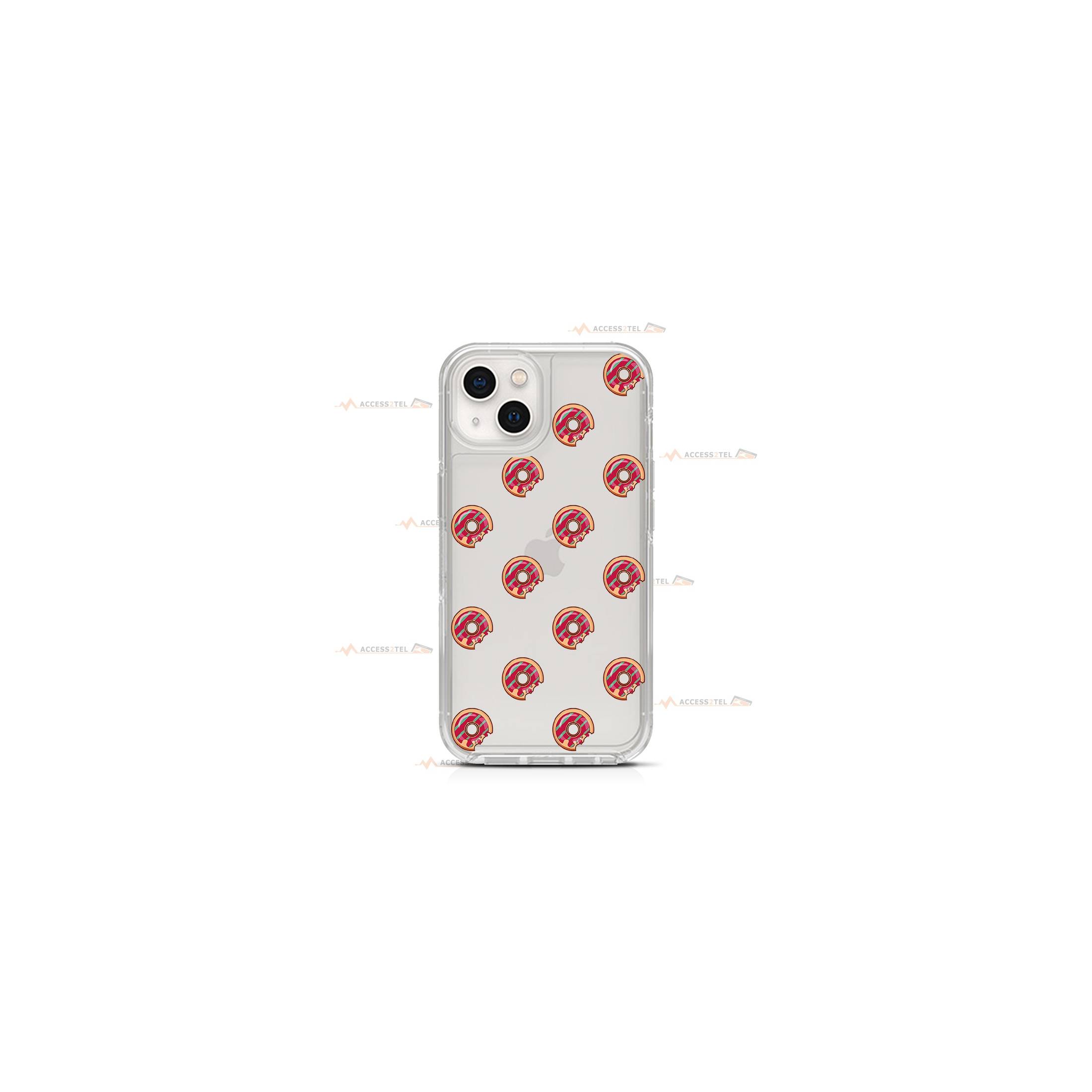 coque de téléphone transparente avec des illustrations de donuts rayés rouge et vert