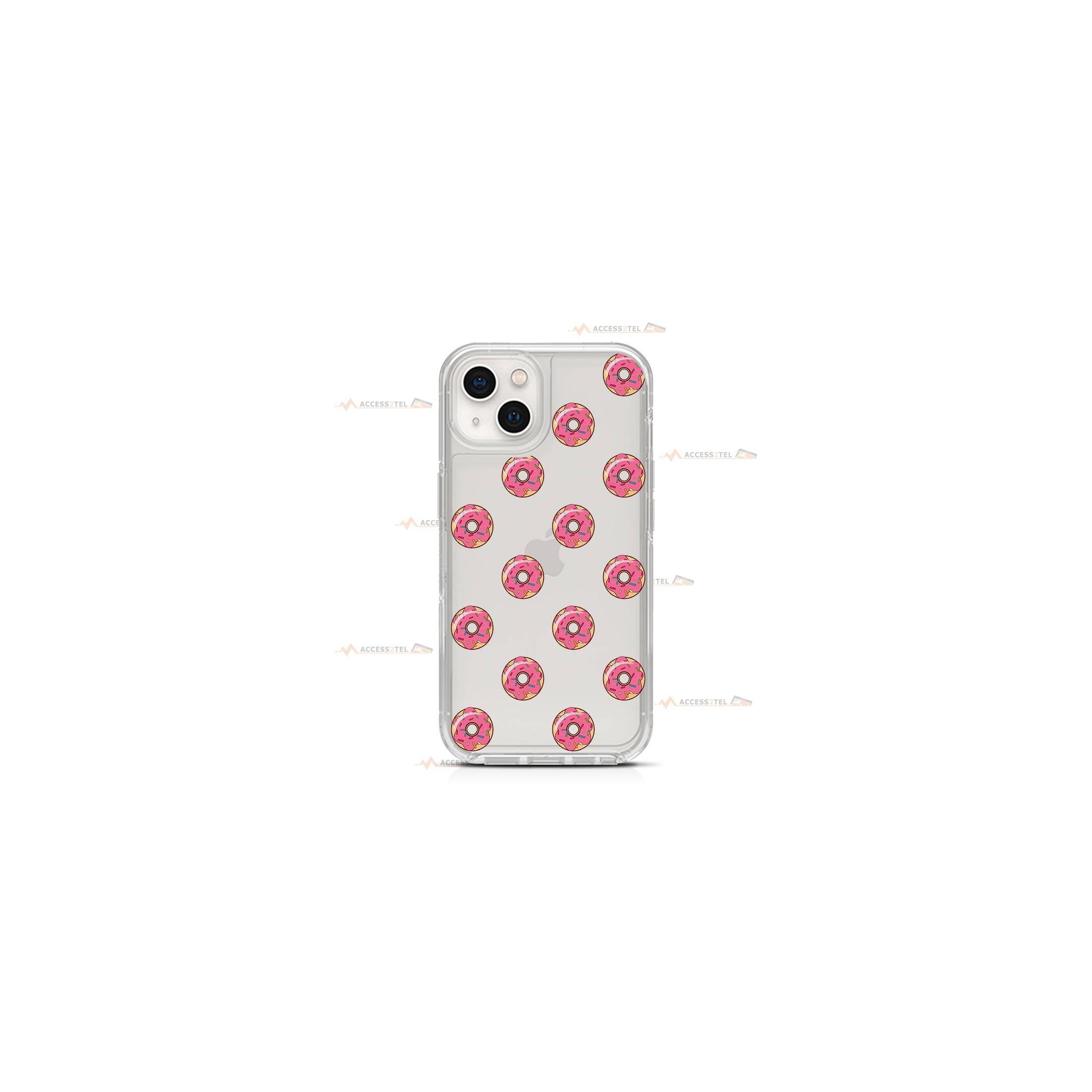 coque de téléphone transparente avec des illustrations de donuts roses couverts de sprinkles