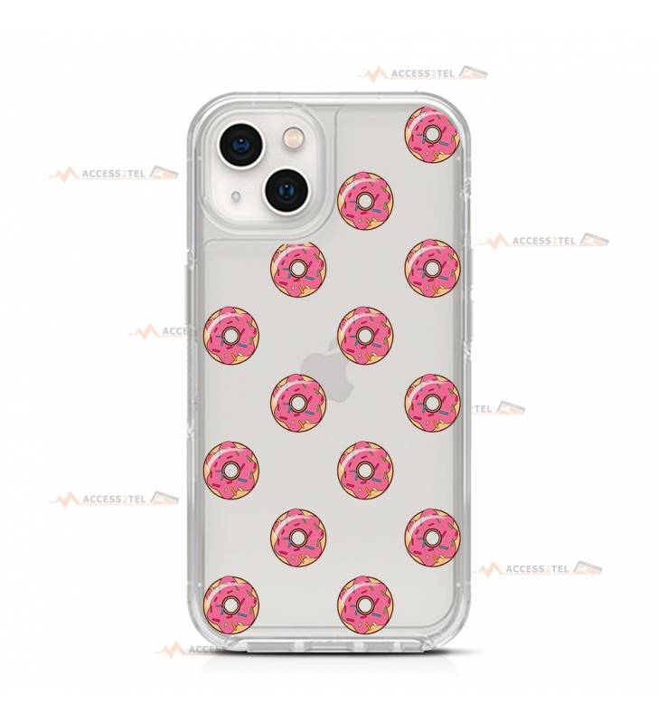 coque de téléphone transparente avec des illustrations de donuts roses couverts de sprinkles