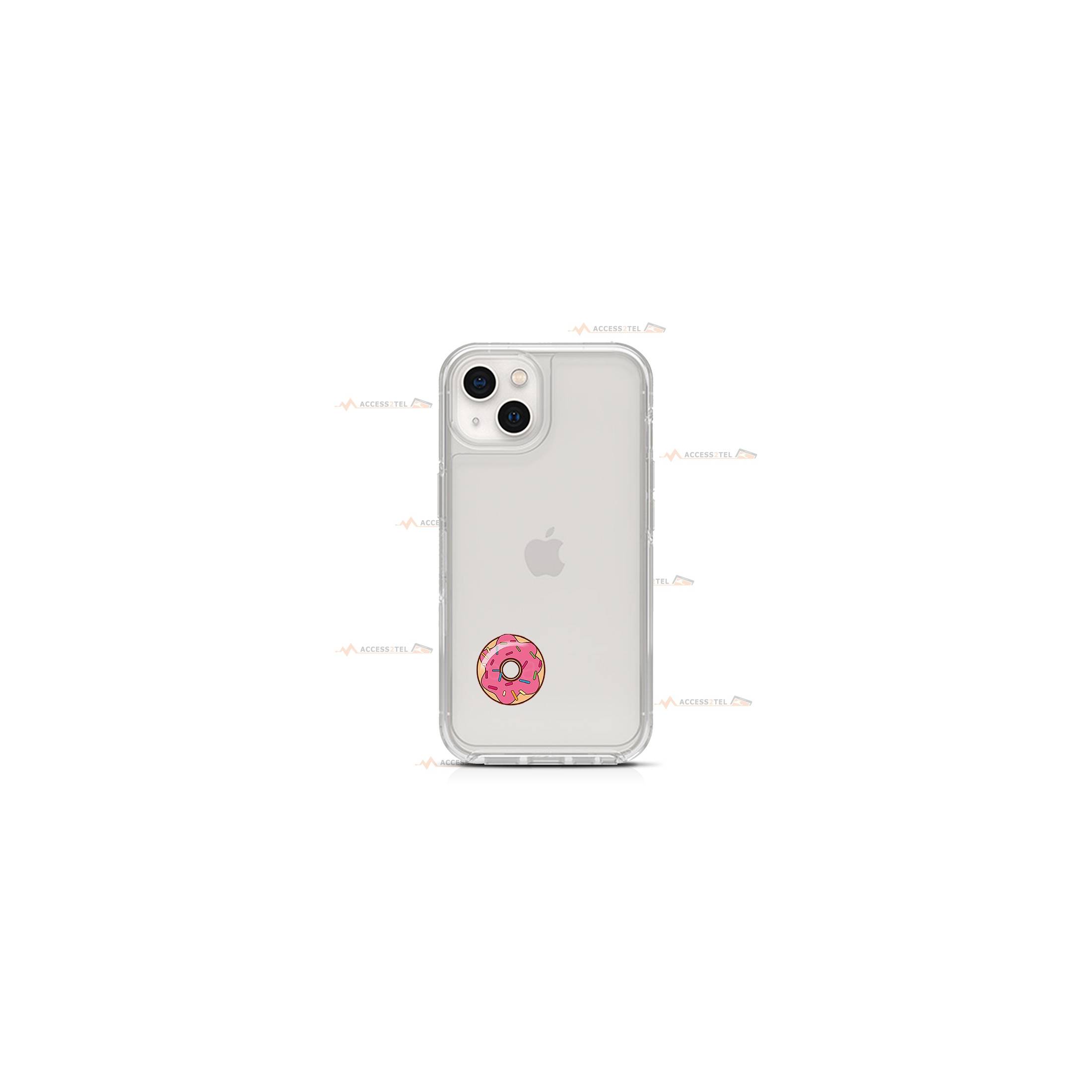 coque de téléphone transparente avec une petite illustration d'un donut rose couvert de sprinkles