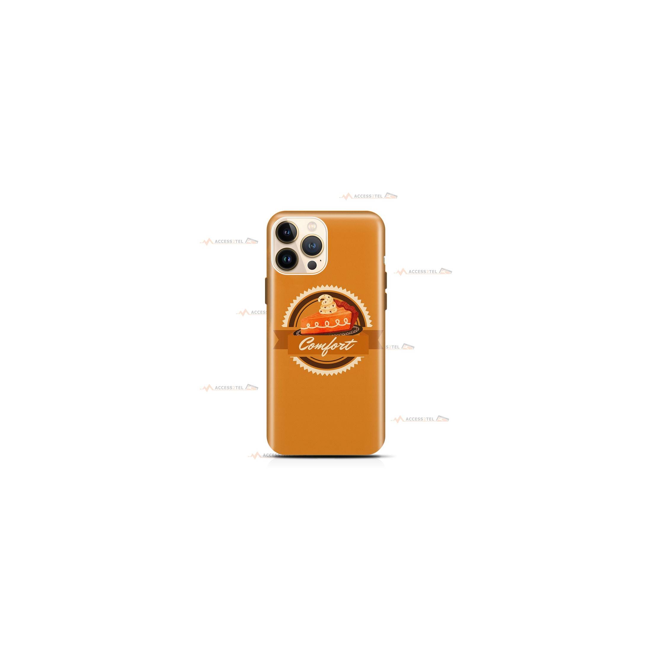 coque de téléphone orange avec une part de tarte au potiron et le texte "comfort"