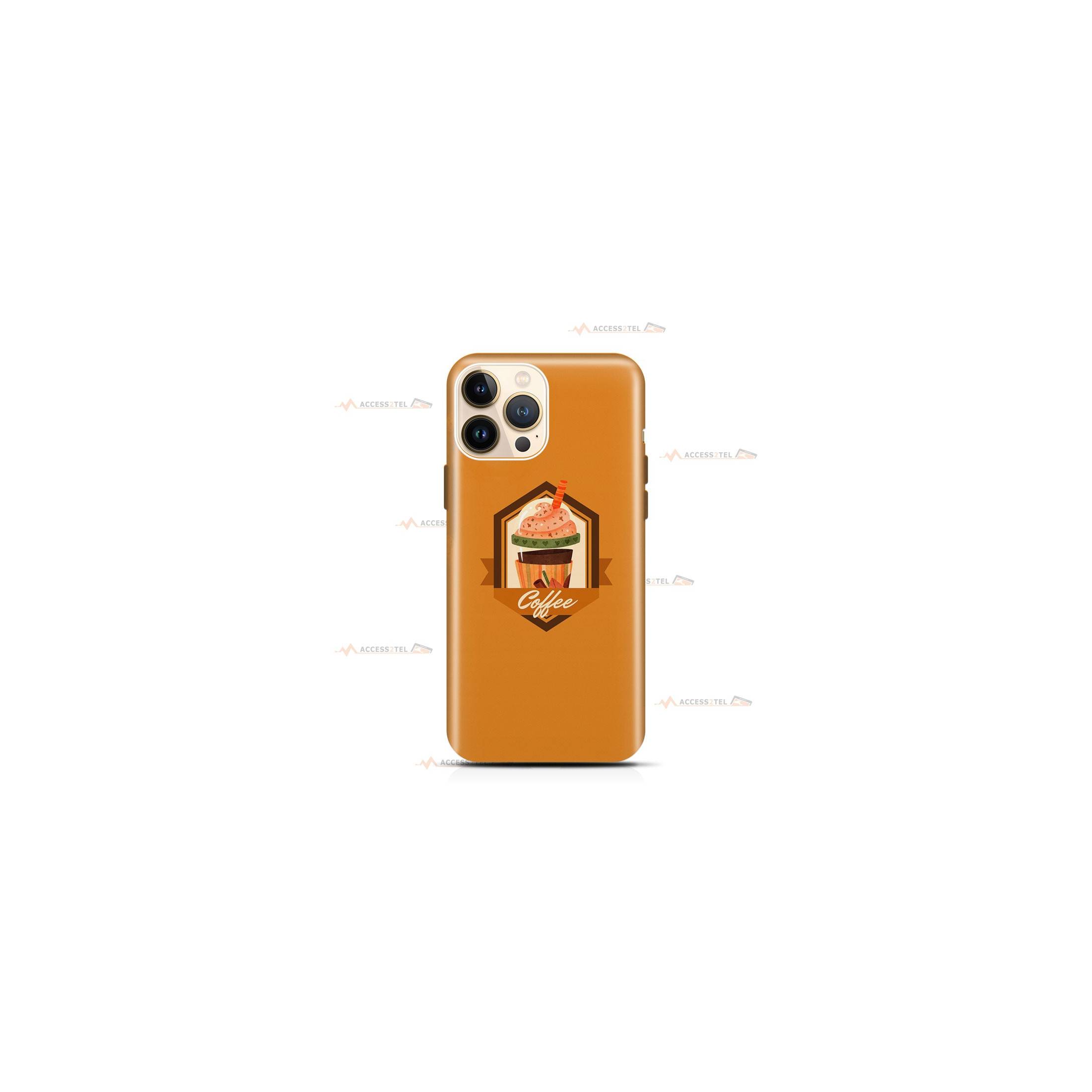 coque de téléphone orange avec un café viennois et le texte "coffee"