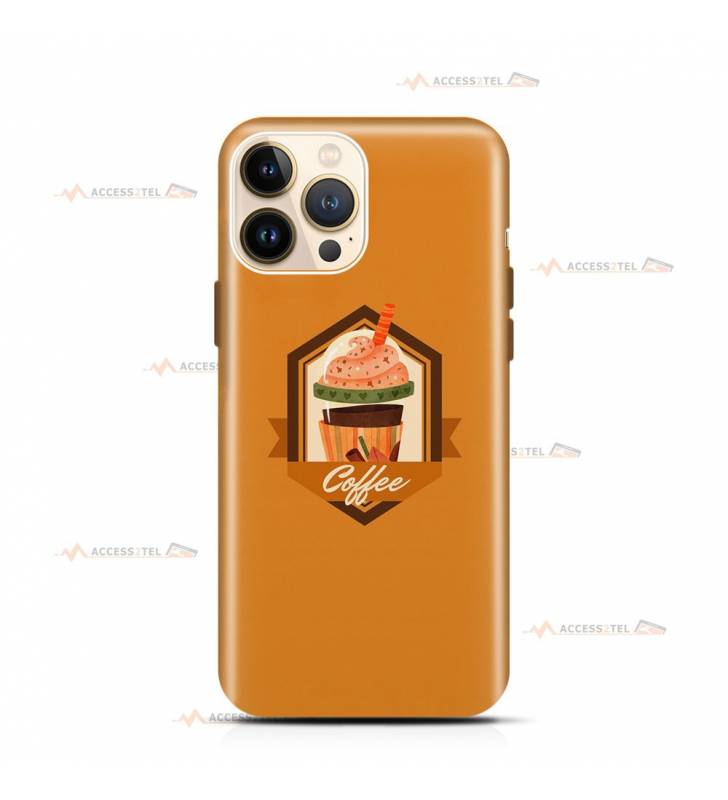 coque de téléphone orange avec un café viennois et le texte "coffee"