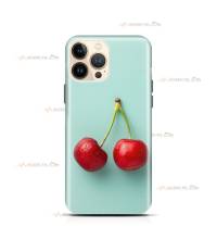 coque de téléphone turquoise avec des cerises fraîches