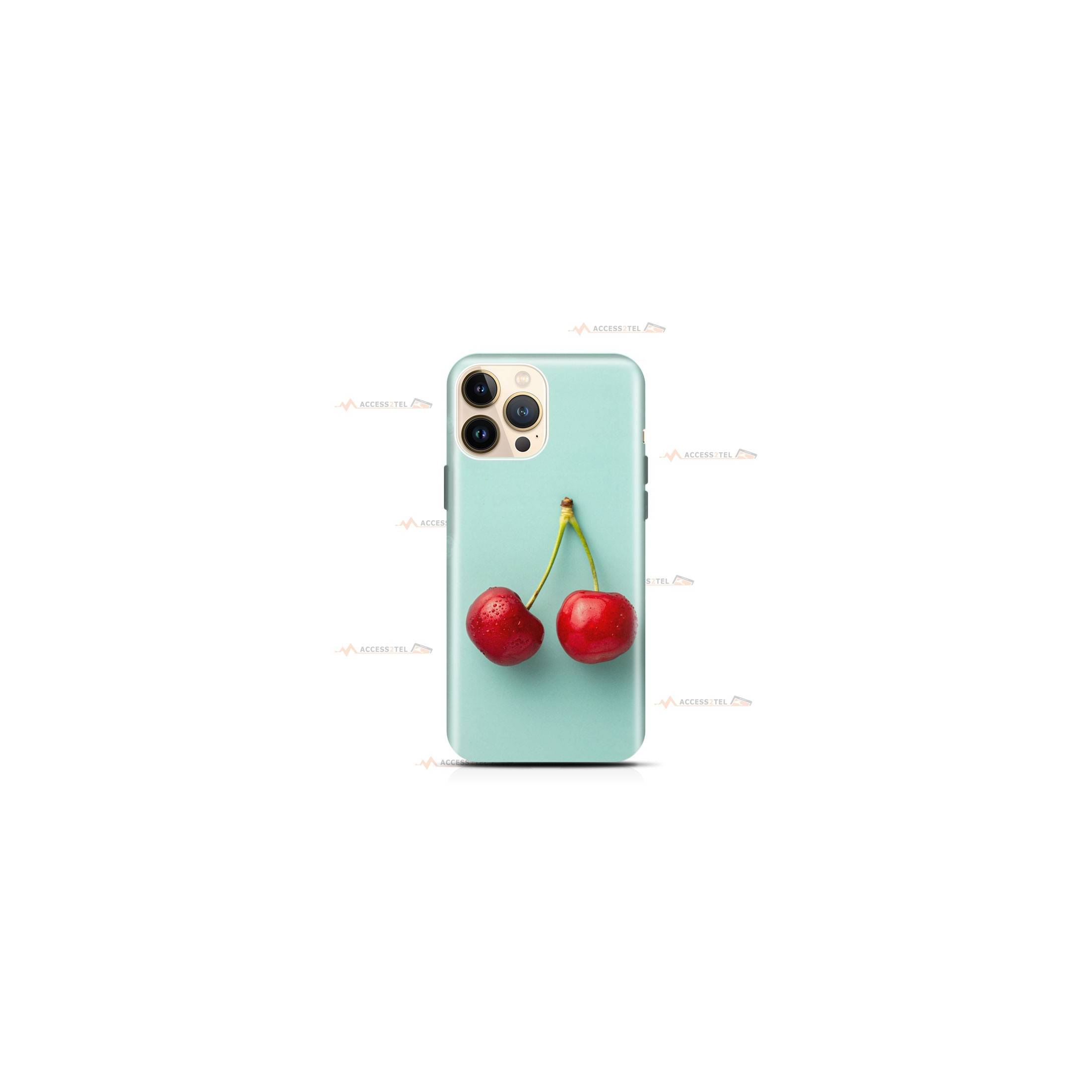 coque de téléphone turquoise avec des cerises fraîches