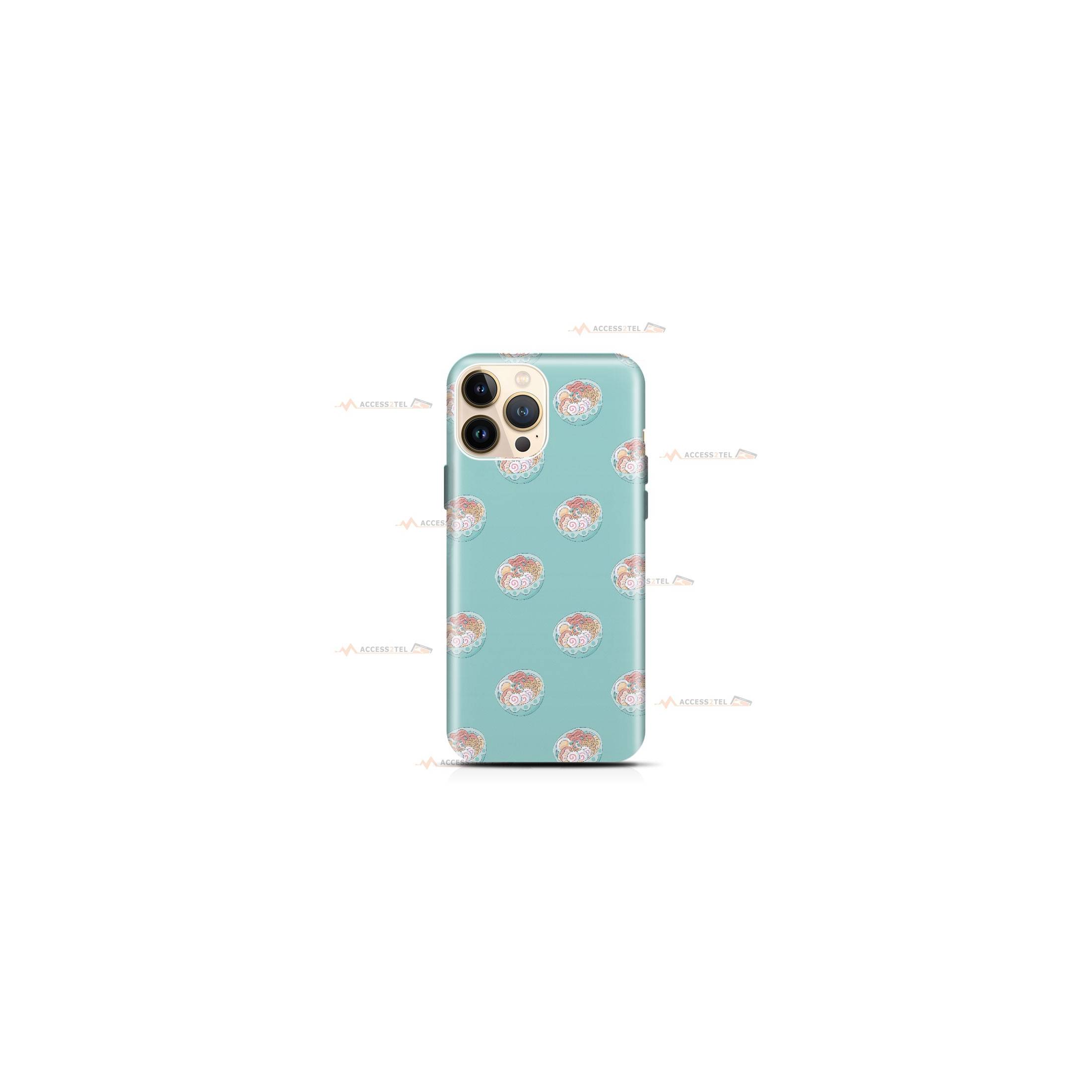 coque de téléphone turquoise avec des ilustrations de bols de nouilles japonaises