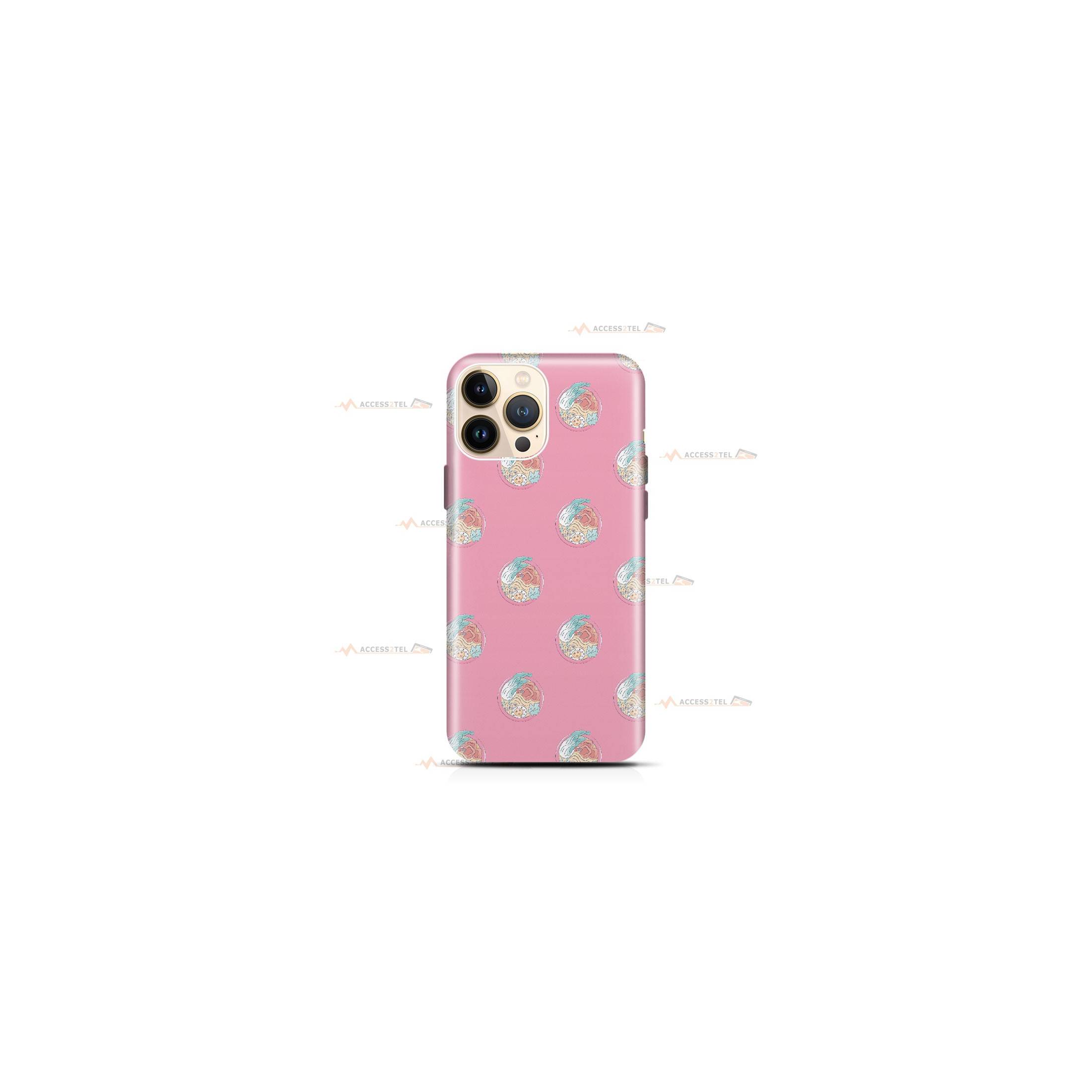 coque de téléphone rose avec des illustrations de bols de nouilles japonaises au chou