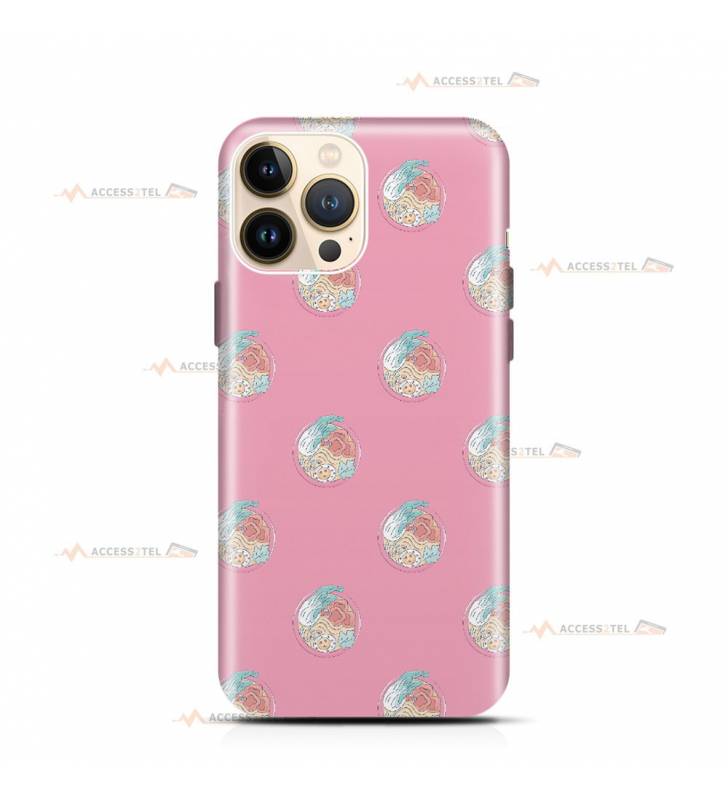 coque de téléphone rose avec des illustrations de bols de nouilles japonaises au chou