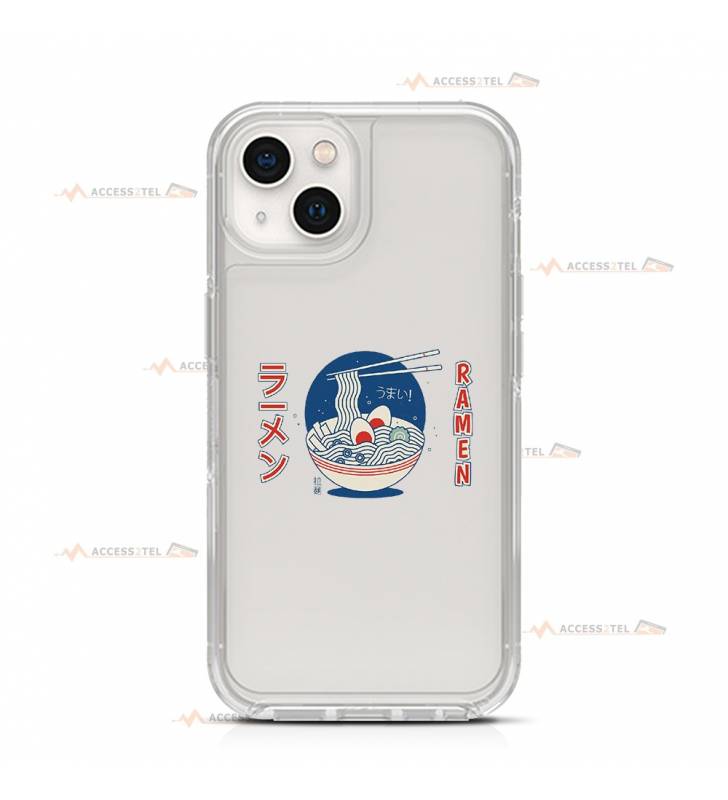 coque de téléphone transparente avec un bol de ramen et le texte "Ramen" en japonais