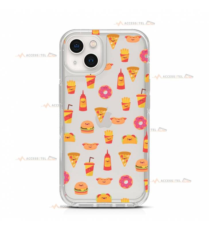 coque de téléphone transparente avec des illustrations de fast-food (hamburger