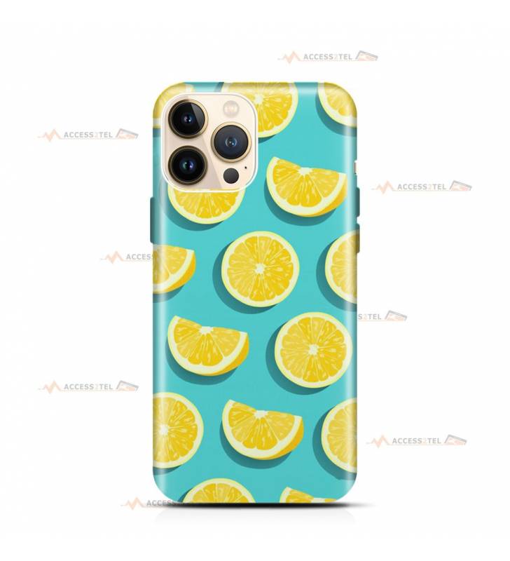 coque de téléphone turquoise avec des citrons