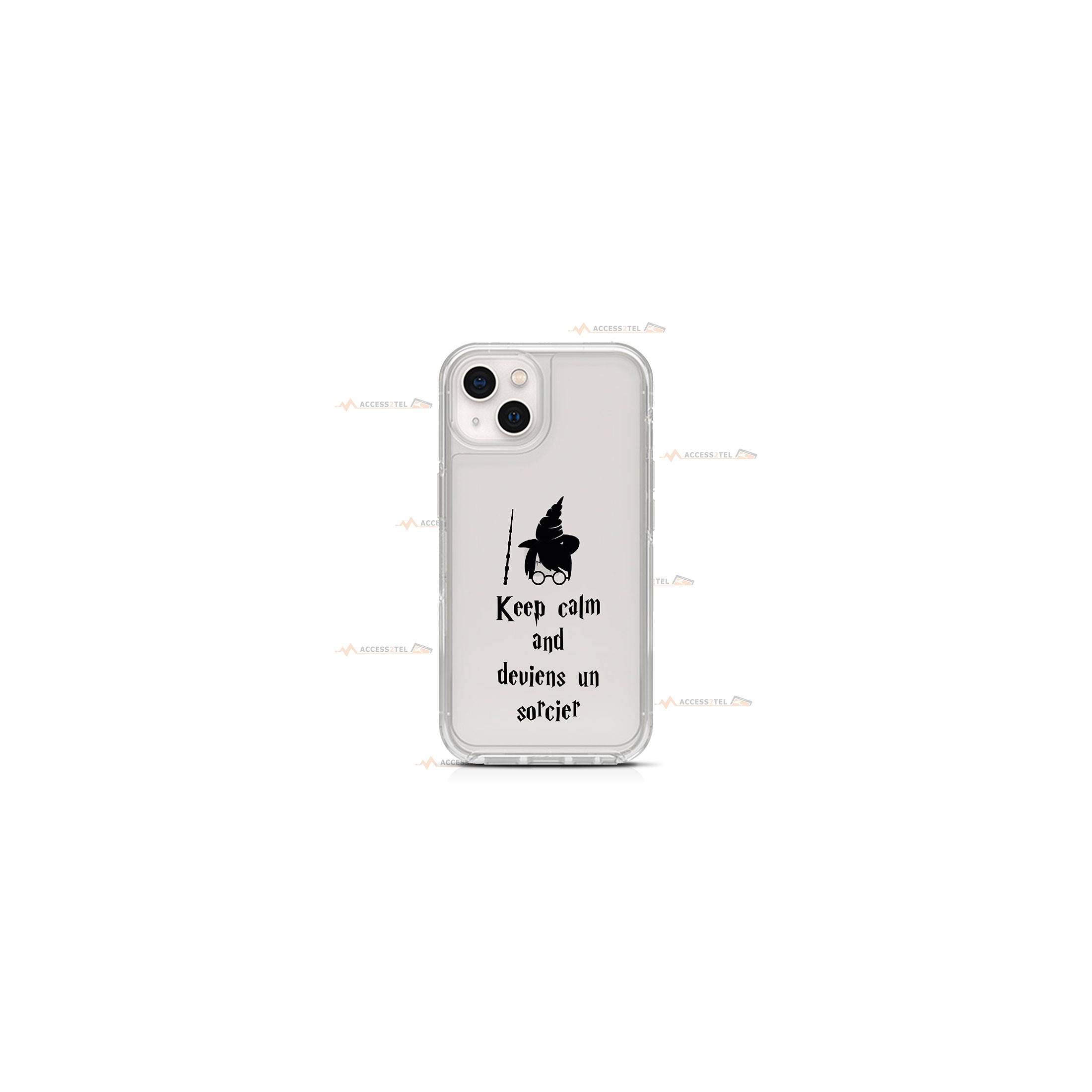 coque de téléphone transparente avec un sorcier et le texte "keep calm and deviens un sorcier"