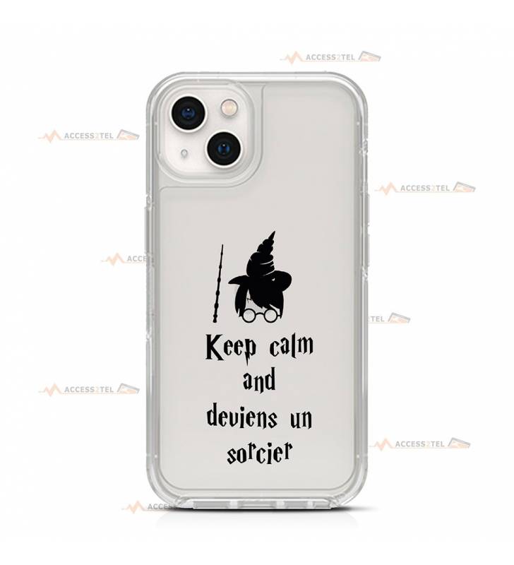 coque de téléphone transparente avec un sorcier et le texte "keep calm and deviens un sorcier"