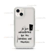 coque de téléphone transparente avec une baguette et le texte "je jure solennellement que mes intentions sont mauvaises"