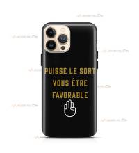 coque de téléphone noire avec le texte "puisse le sort vous être favorable"