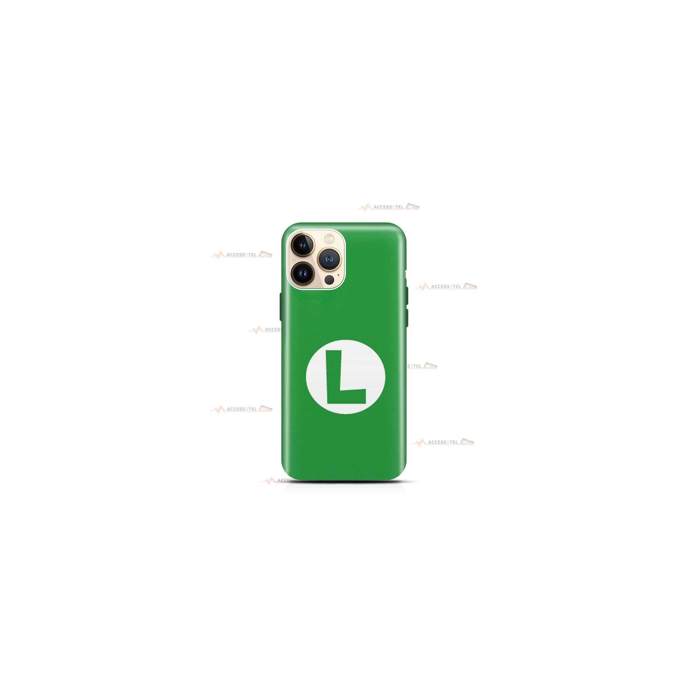 coque de téléphone verte avec le logo de Luigi