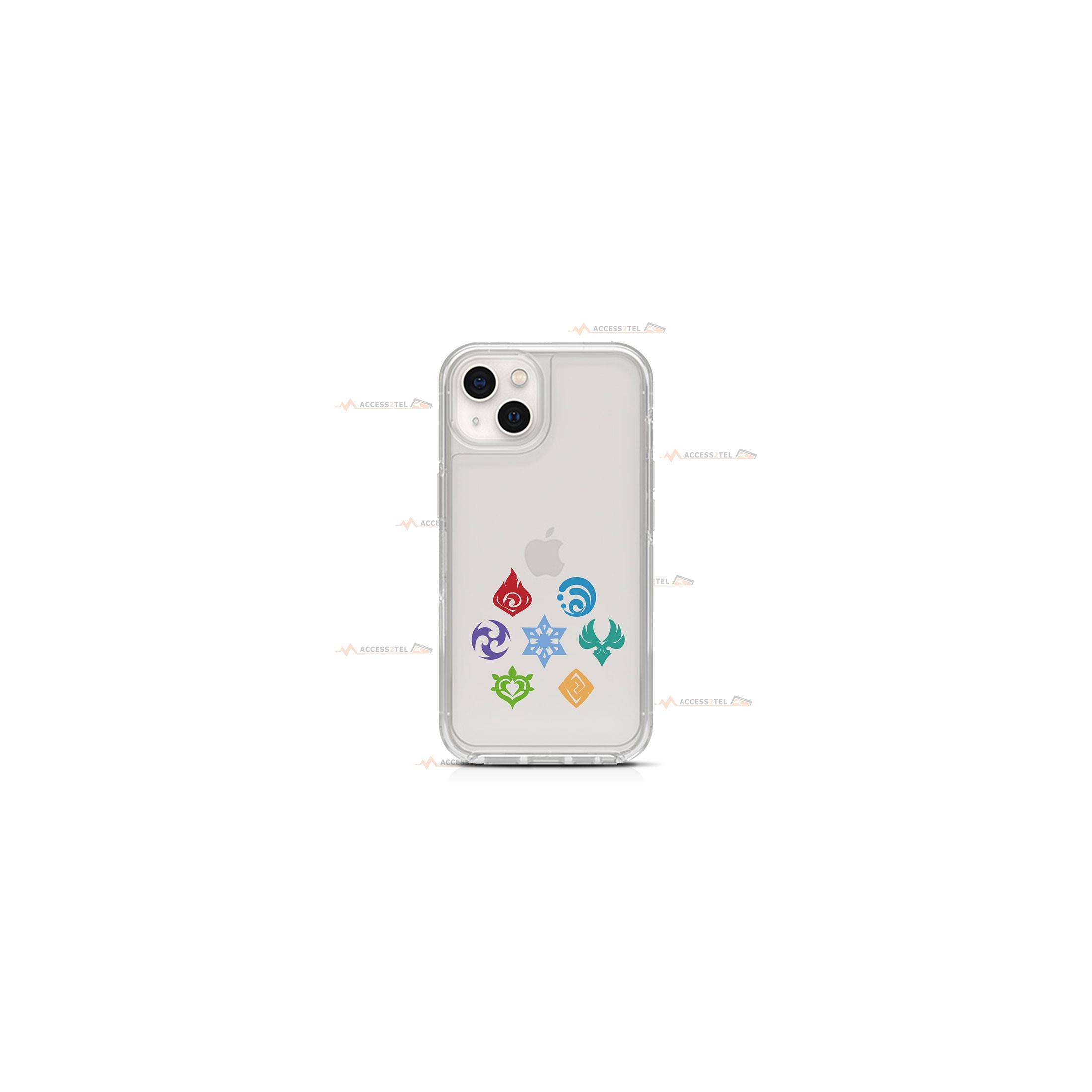 coque de téléphone transparente avec les logos des éléments de Genshin Impact