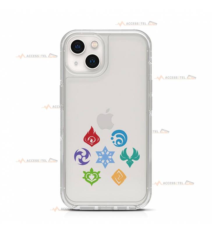 coque de téléphone transparente avec les logos des éléments de Genshin Impact