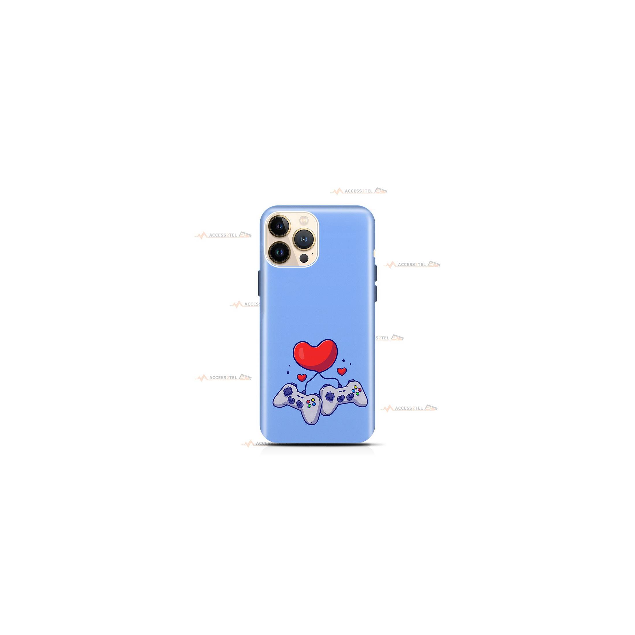 coque de téléphone bleue avec un couple de manettes et un coeur