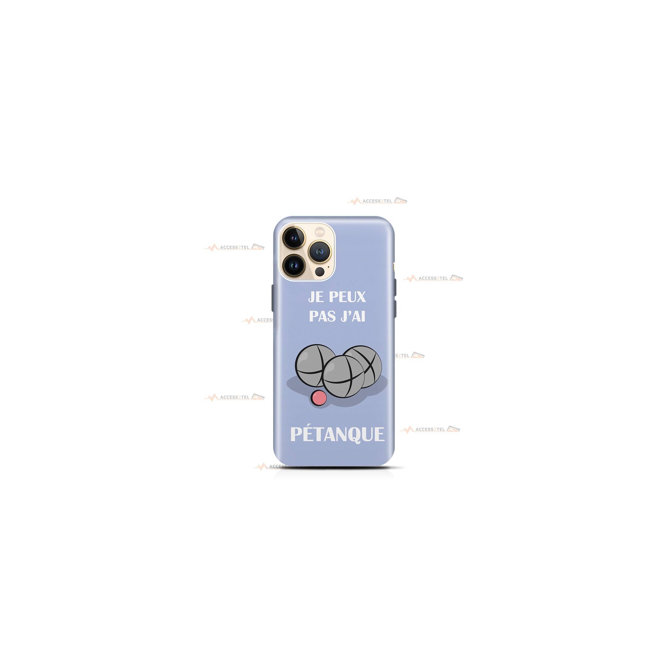 coque de téléphone lilas avec des boules de pétanque et le texte "Je peux pas j'ai pétanque"