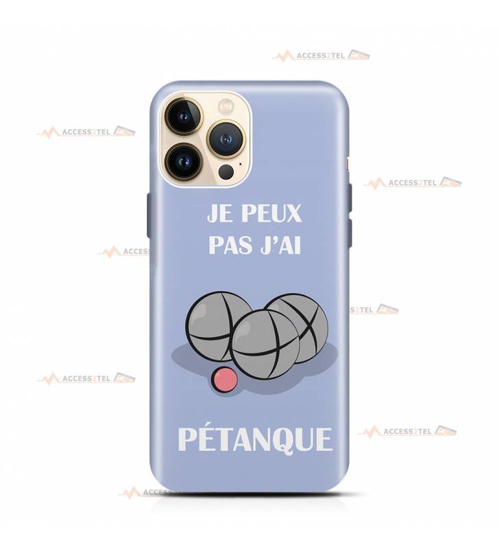 coque de téléphone lilas avec des boules de pétanque et le texte "Je peux pas j'ai pétanque"