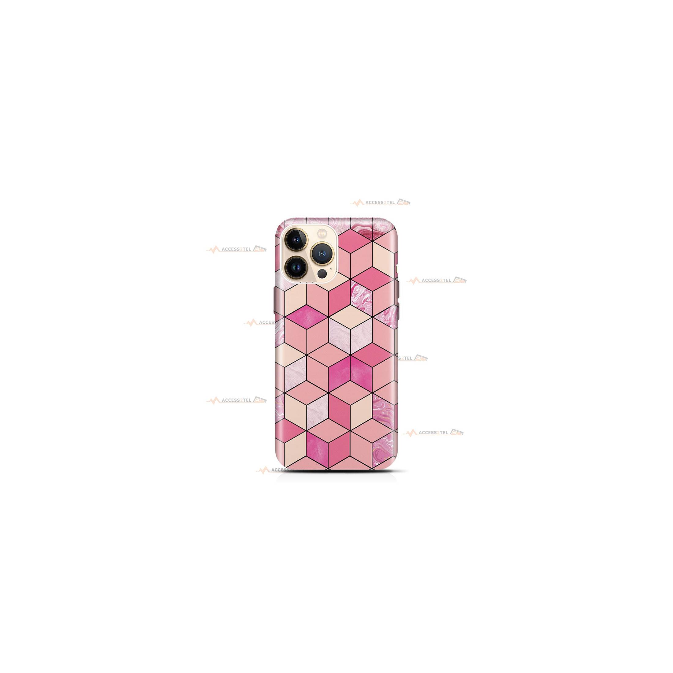 coque de téléphone rose avec des cubes design effet marbre