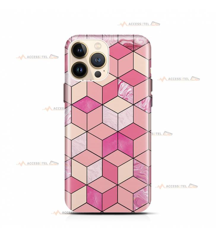 coque de téléphone rose avec des cubes design effet marbre