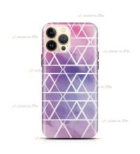 coque de téléphone avec effet aquarelle rose et violette et triangles blancs