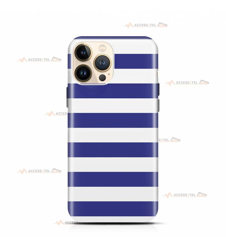 coque de téléphone avec des rayures blanches et bleues