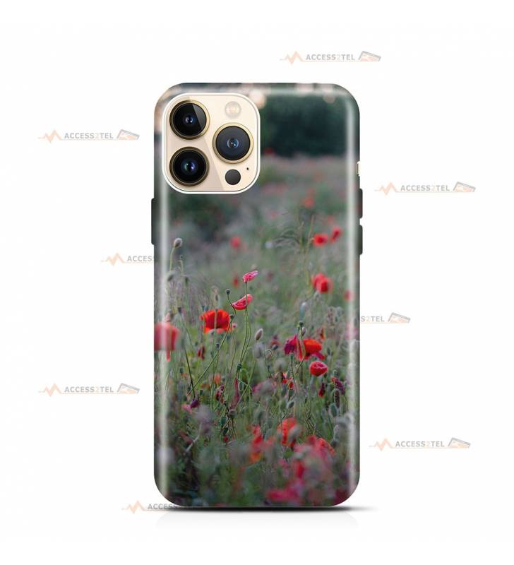 coque de téléphone avec des coquelicots dans un pré