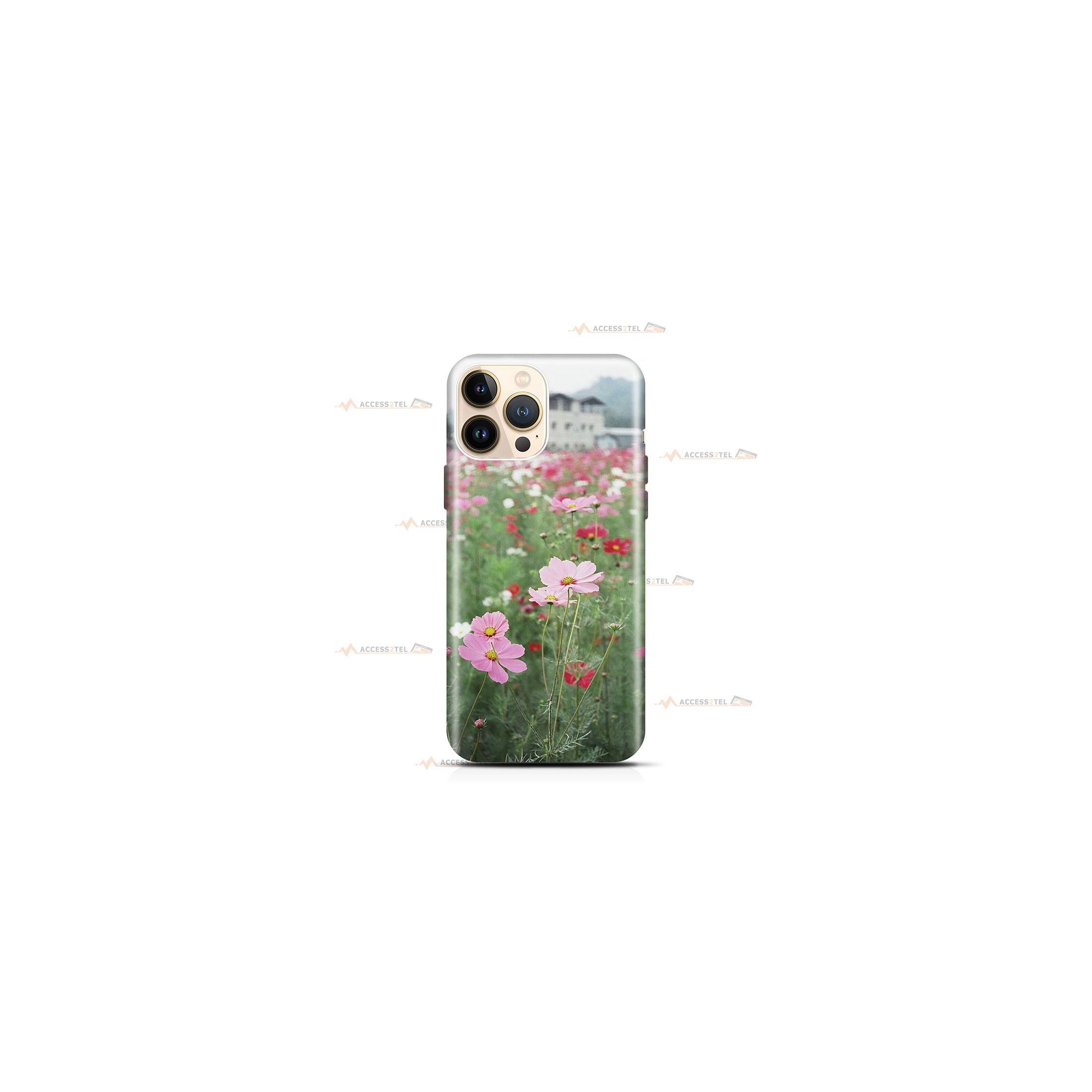 coque de téléphone avec un champ d'anémones roses et rouges