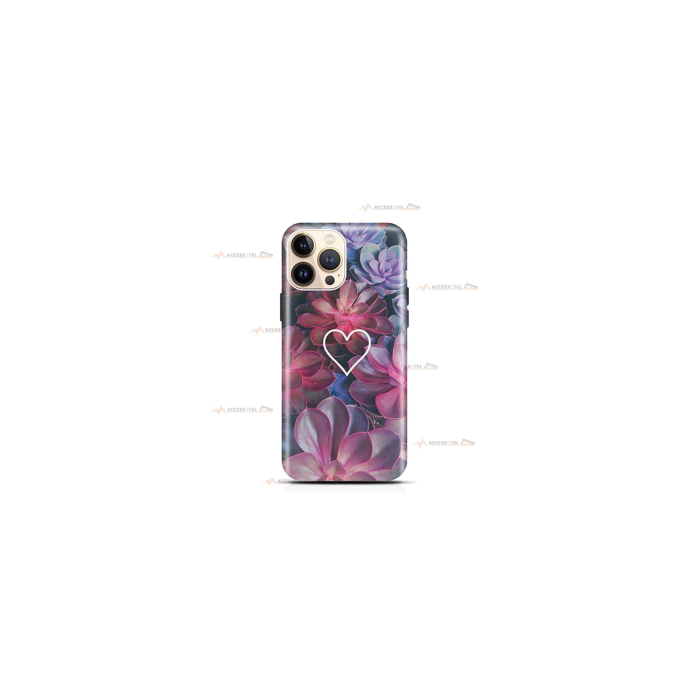 coque de téléphone avec des plantes grasses roses et violettes et un coeur