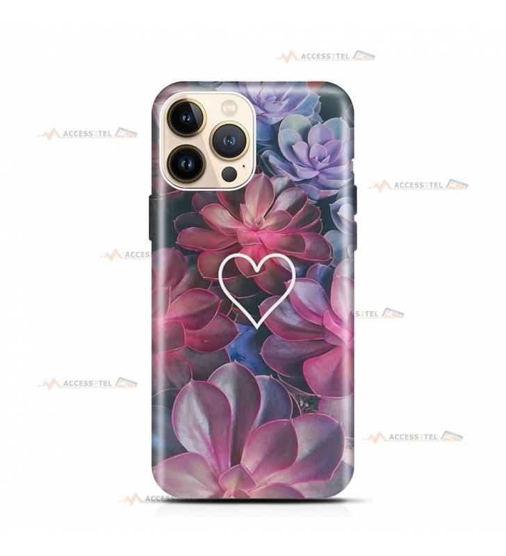 coque de téléphone avec des plantes grasses roses et violettes et un coeur